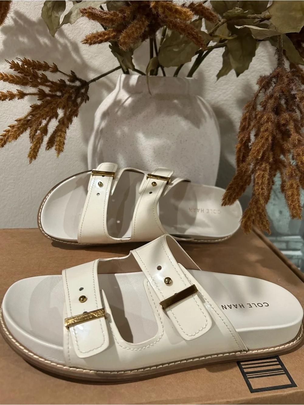 New Cole Haan Ivory Double Strap Slide Sandals - Picture 1 of 4